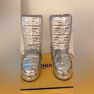 Silver Fendi Embossed T-Rex Lace Up Ski Boots